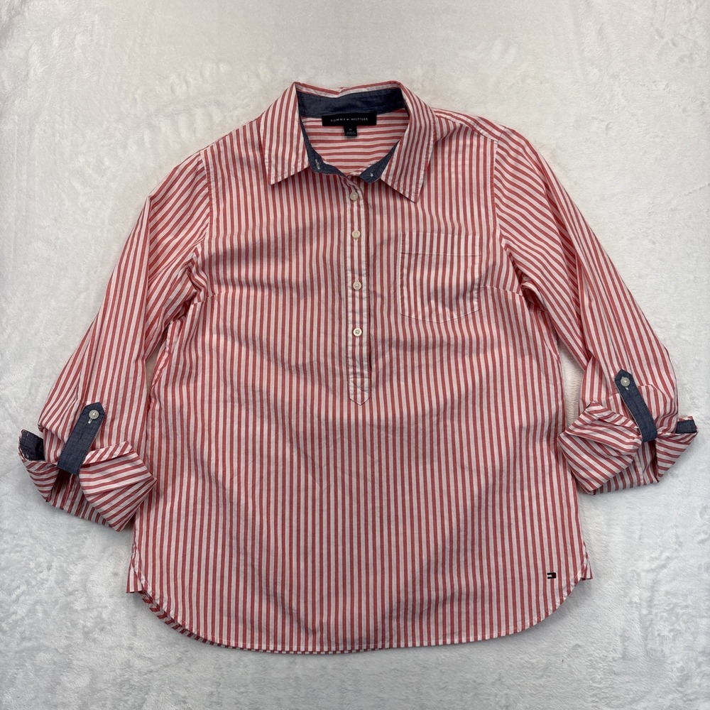 Tommy Hilfiger Popover Shirt Womens M Red Striped Chambray Trim Nautical Preppy